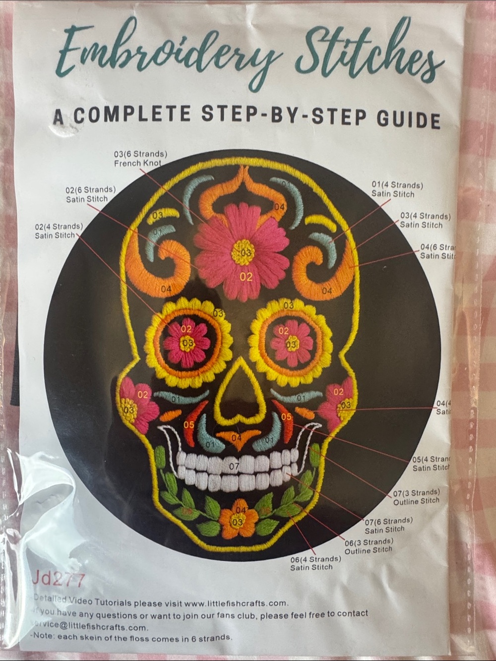 NEW Sugar Skull Embroidery Kit Satin Stitch Full Directions & Floss Included